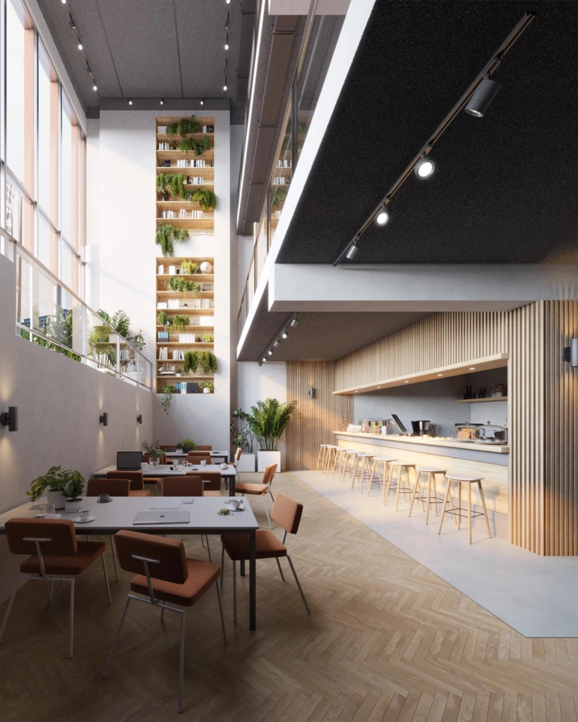 Moderne, lichtinvalrijke ontmoetingsruimte aan het George Gershwinplein met hoge boekenkast, zithoeken en een espresso-bar.